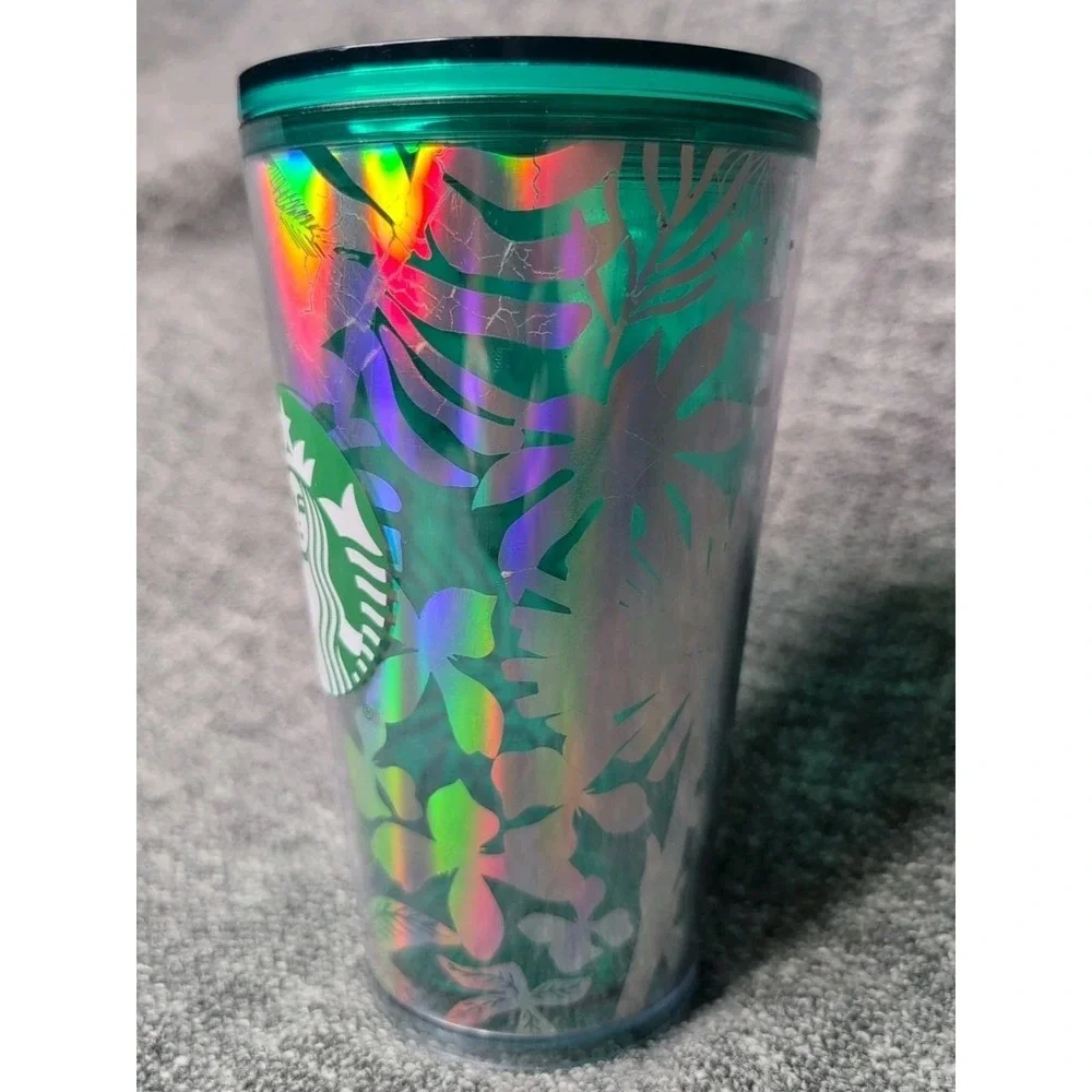 Starbucks 2022 Summer Grande 16oz‎ Silver Green Foliage Tumbler No Straw